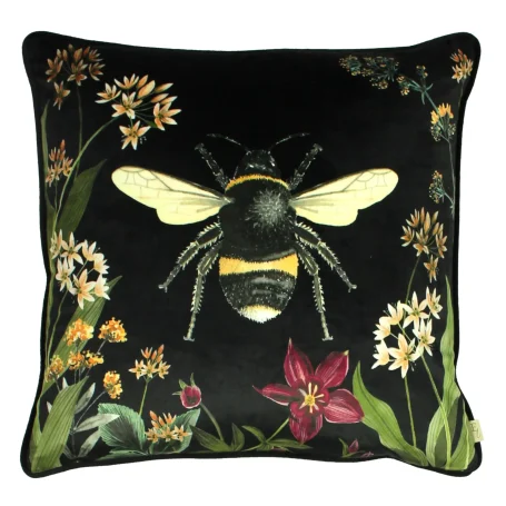 Square cushion featuring a large bee design surrounded by colourful flowers on a dark background.
