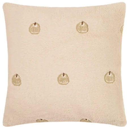 Autumn Pumpkins Embroidered Faux Fur Cushion Natural