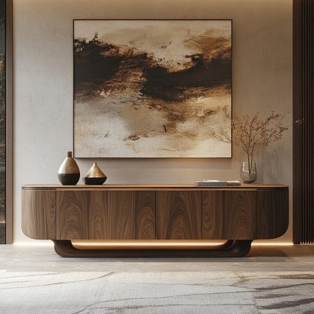 Modern living room featuring a wooden side table, minimal decor, and abstract wall art.
